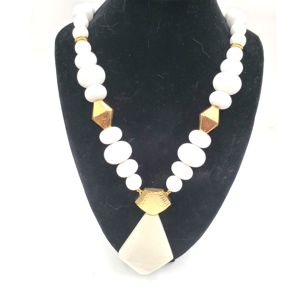 Vintage Trifari White Lucite Geometric Statement Necklace 18" Gold Tone